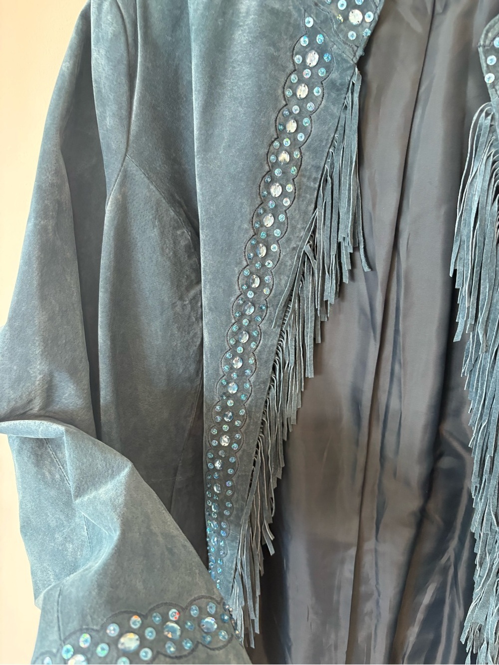 INSANE Y2K Women's Teal Suede Fringe Coat beaded event concert XL - Picture 8 of 13